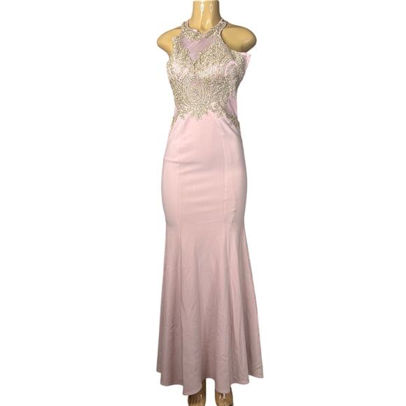 XSCAPE High Neck Mermaid Gown Embroidered Rhinestones Sheer Mesh Dress SZ 0 - Picture 1 of 14